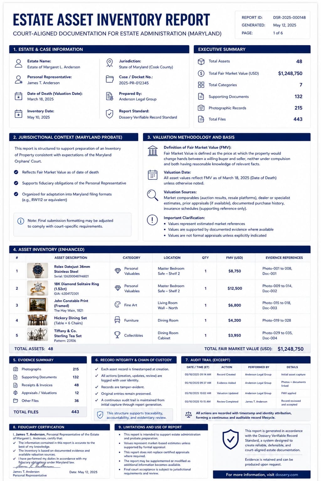Preview of a court-ready estate asset inventory report generated from structured asset records.