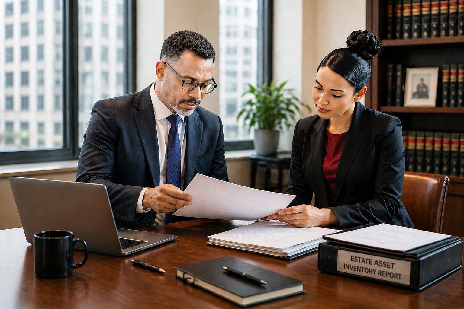 Estate professionals reviewing asset documentation for probate administration.